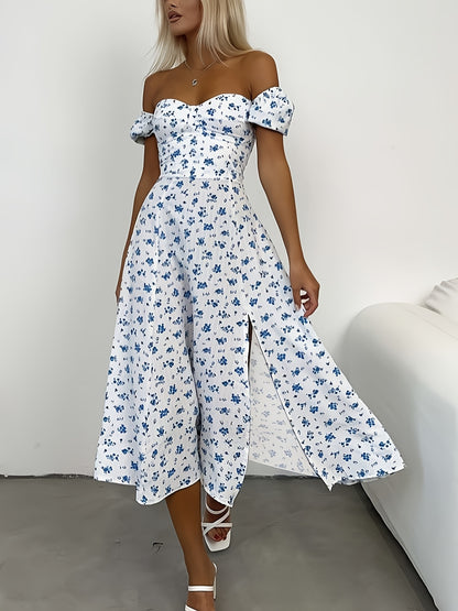 French-Style Midi Dress with Heart Neckline and Puff Sleeves