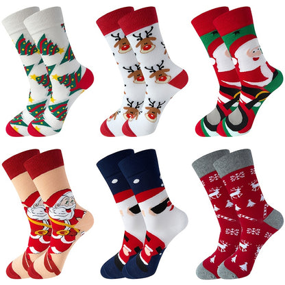 6 Pairs of Autumn-Winter Christmas Socks with Cute Cartoon Snowman and Reindeer Design for Men & Women, Mid-Calf Length, Cozy Comfort, Winter Essentials, Playful Pattern, Fun Holiday Style, Warm Material, Durable Socks, Unise