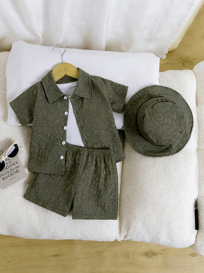 Boys' Summer Casual 3D Letter Print Shirt & Shorts Set with Hat