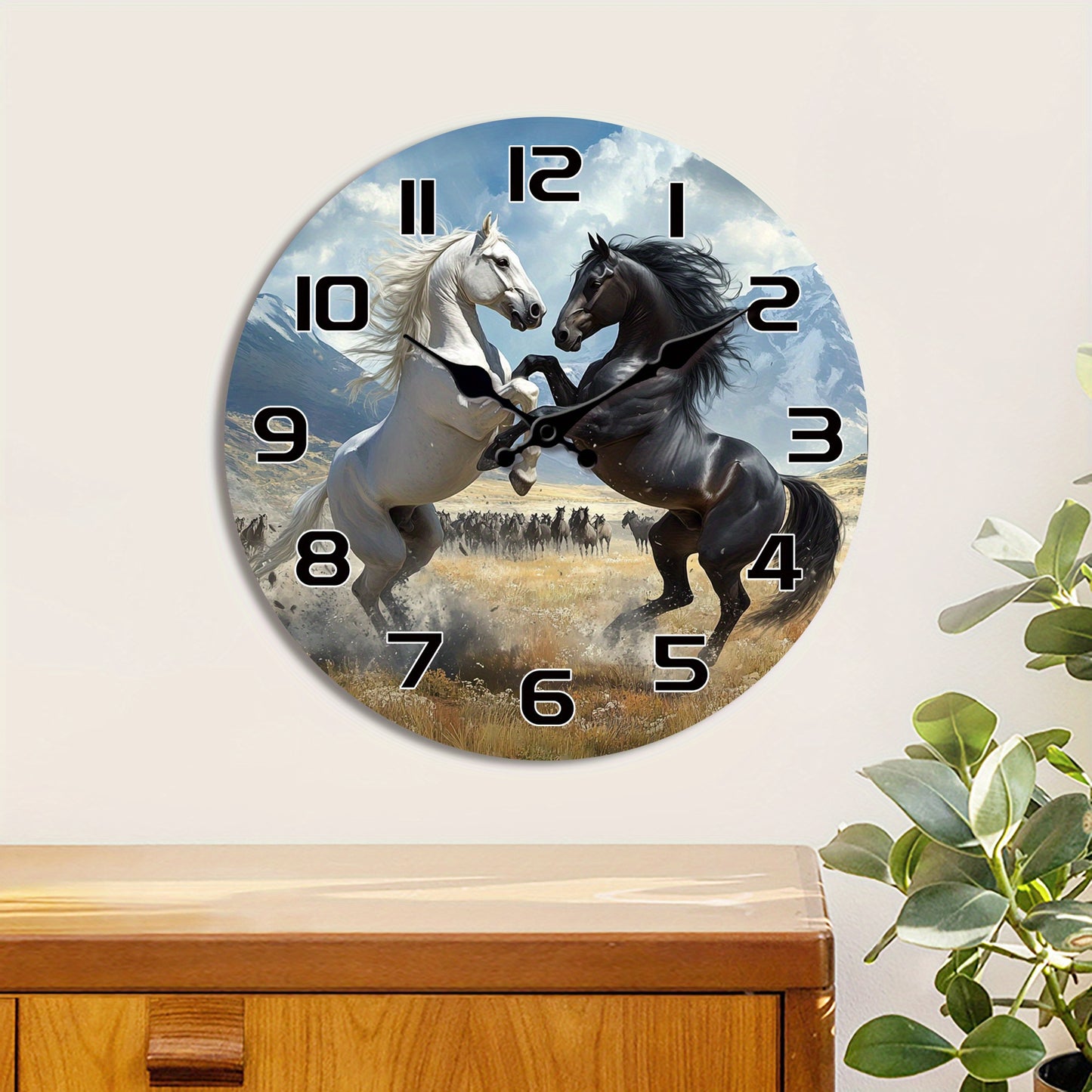 A Wooden Wall Clock with a Fantasy Theme Featuring a Design of Two Horses Facing Each Other, a Silent Clock Suitable for Decorating Living Rooms, Bedrooms, Kitchens, And Offices, Making It an Exciting Gift for Birthdays And H