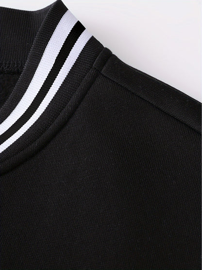 Men's Fashionable R-Letter Patchwork Casual Street Style Baseball Jacket - Polyester, Maroon & Black with White Stripes, Button Closure, with Pockets