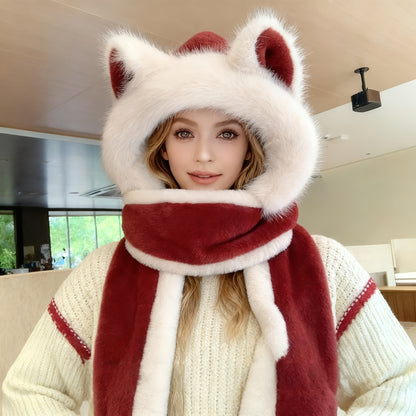 Women's Fox Ear Hat 3-in-1 with Scarf & Gloves - Winter Warm Windproof Cute Fox Ears, Lightweight Jacket-Compatible for cold Weather, Hand Washable Maomao Hat for, New Year & Holiday Outfits (Non-Stretch)