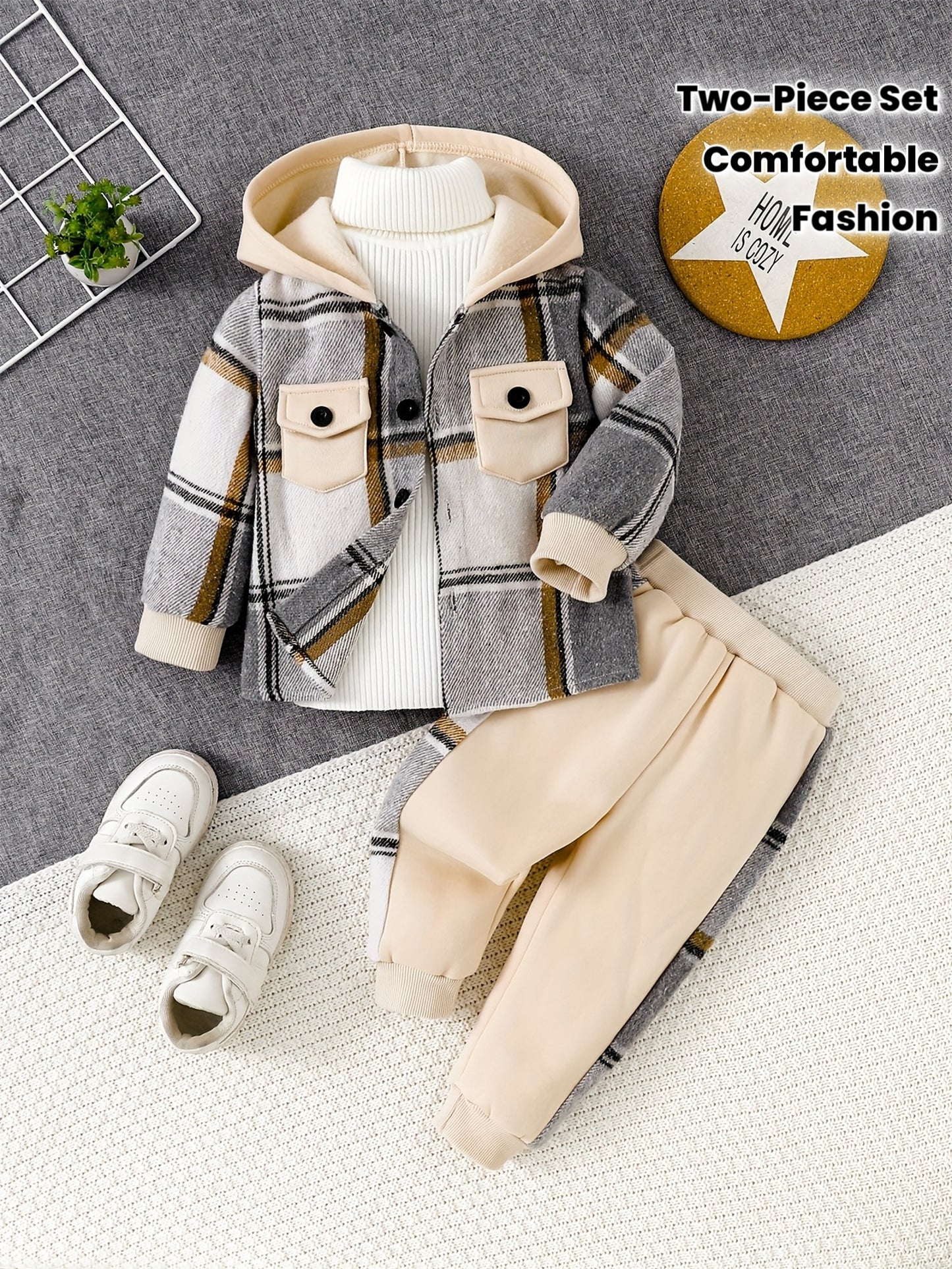 Boys' Plaid Hooded Jacket & Joggers Set - Cozy Fall Winter Outfit