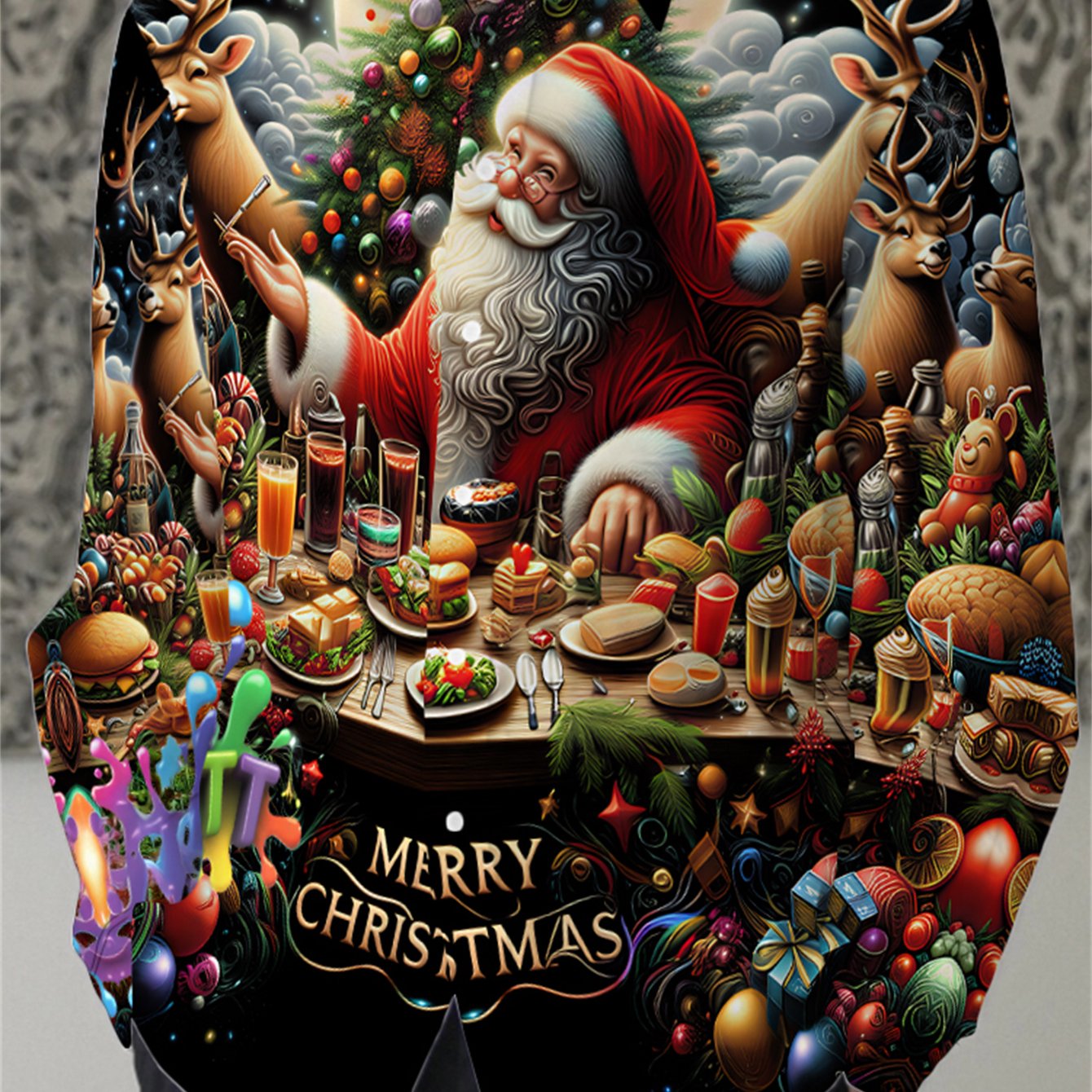 Men's Christmas Santa Claus & Reindeer Print Collar Long Sleeve Shirt - Full-Zipper-Free Button-Front Closure, Non-Stretch Holiday Party Costume or Casual Wear, Machine Washable Festive Attire with All-Over Christmas Motifs (