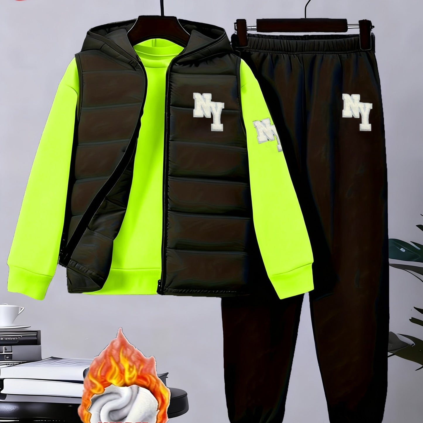 3pcs Boys' Winter Warm Uniform Set - NY Logo Lettered Jacket, Sweatshirt & Pants with Numbered Parch-Like Strips (8-12 Years) | Machine Washable 3pcs Outfit for, & Cold Weather | Non-Stretch Layered Clothing, Perfect for Outd