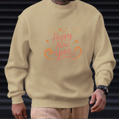 Men'S Happy New Year Sweatshirt - Light Grey with Orange Lettering - Regular Fit Crewneck Pullover for New Year'S Eve, NYE Parties & Casual Attire - Non-Permanent Celebration Sweater for Everyday & Special Occasions, New Year