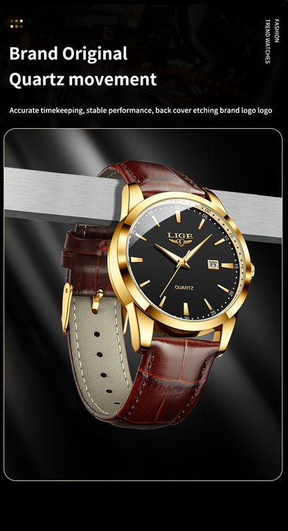 A Stylish Timepiece By LIGE Featuring A Blend Of Business And Casual Design, With A Faux Leather Strap, Alloy Case, And A Non-rechargeable Battery.