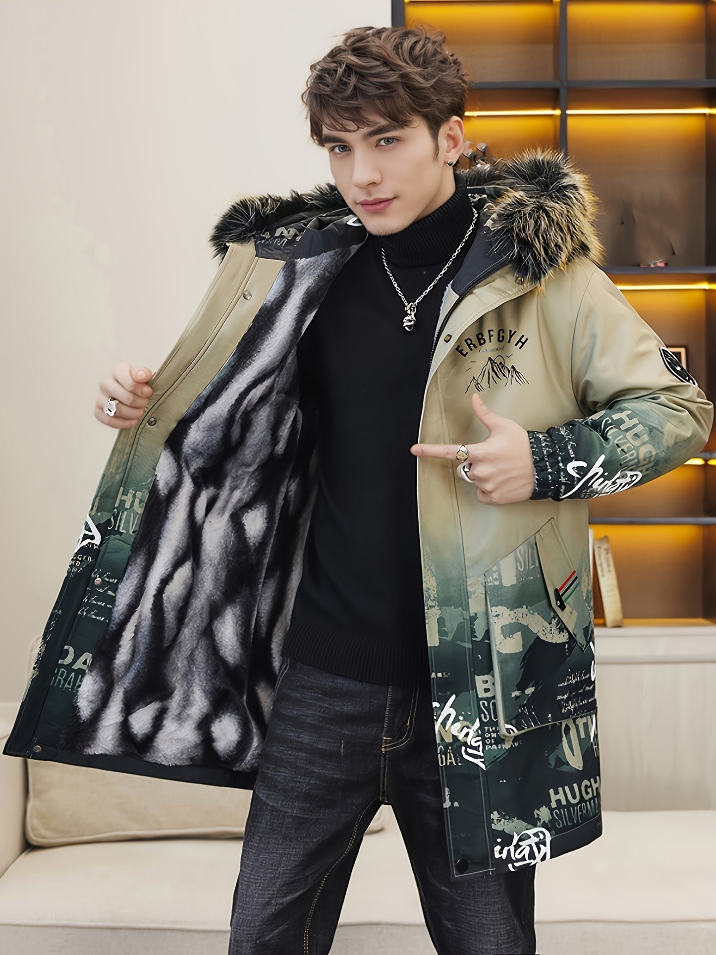 Men's Heavy-Duty Hooded Winter Jacket with Mountain Logo Back Print, Full-Zip Long Coat & Pockets - Large Hood for Extreme Cold, Machine Washable -Filled Outerwear (Casual/Climbing/Skiing) - Black, Winter Boots For Men, Men W