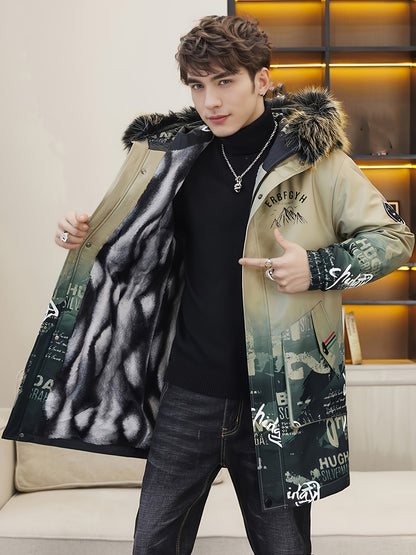 Men's Heavy-Duty Hooded Winter Jacket with Mountain Logo Back Print, Full-Zip Long Coat & Pockets - Large Hood for Extreme Cold, Machine Washable -Filled Outerwear (Casual/Climbing/Skiing) - Black, Winter Boots For Men, Men W