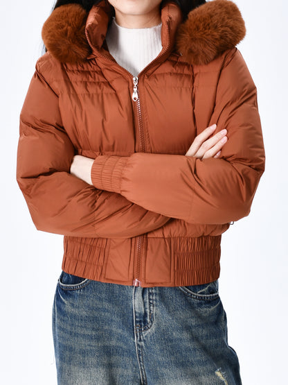 Էլեգանտ պոլիեսթերային բարձիկով կանացի բաճկոն - 2024 թվականի նորաձև կարճ միագույն վերարկու՝ հաստ արհեստական ​​մորթուց օձիքով, երկար թևքերով, կայծակաճարմանդով, գործված - Ձմեռային ջերմություն, առօրյա վերնազգեստ