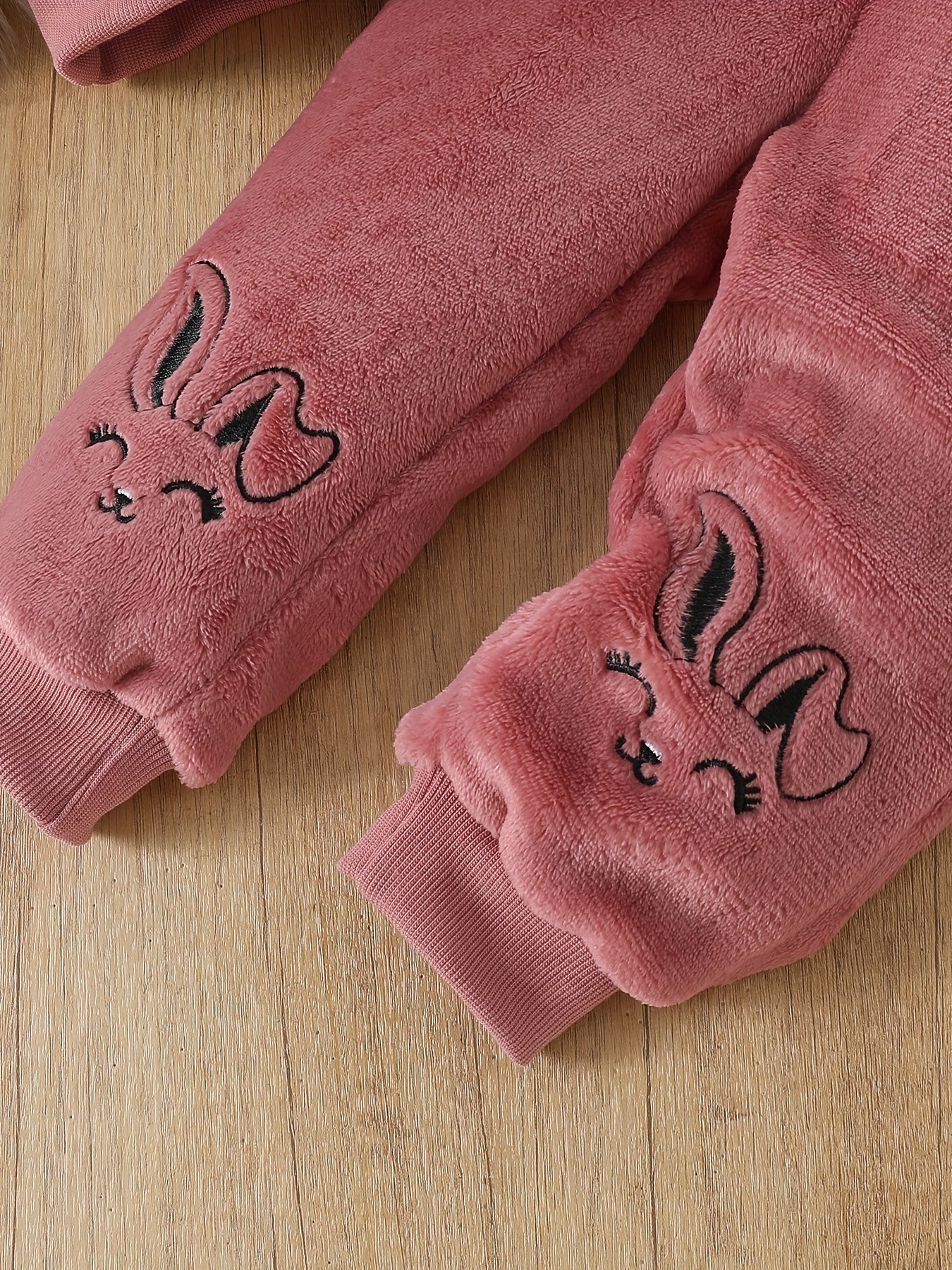 Adorable Cartoon Rabbit Embroidered Two-Piece Set for Youngsters - Soft Coral Fleece Outfit with Matching Pants, Perfect for Fall/Winter Casual Wear, Youngsters'S Playwear|Playful Design|Stretchy Fabric, Youngsters Girl Cloth