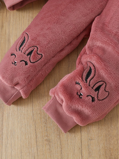Adorable Cartoon Rabbit Embroidered Two-Piece Set for Youngsters - Soft Coral Fleece Outfit with Matching Pants, Perfect for Fall/Winter Casual Wear, Youngsters'S Playwear|Playful Design|Stretchy Fabric, Youngsters Girl Cloth