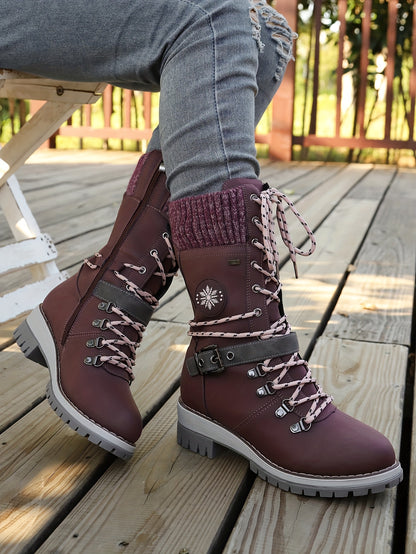 Women'S Comfortable Knitted Mid-Calf Winter Boots - Anti-Slip Side Zipper Lace-Up Design, Thick Sole, Fleece-Lined Retro Style in Black/Brown/Beige/Red/White for Casual Wear, Women Cowboy Boots, Women Winter Boots, Women Autu