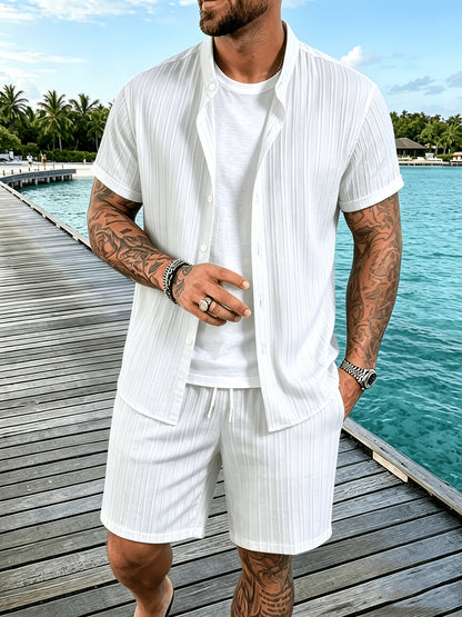 Men's Casual Short Sleeve Shirt and Drawstring Shorts Set