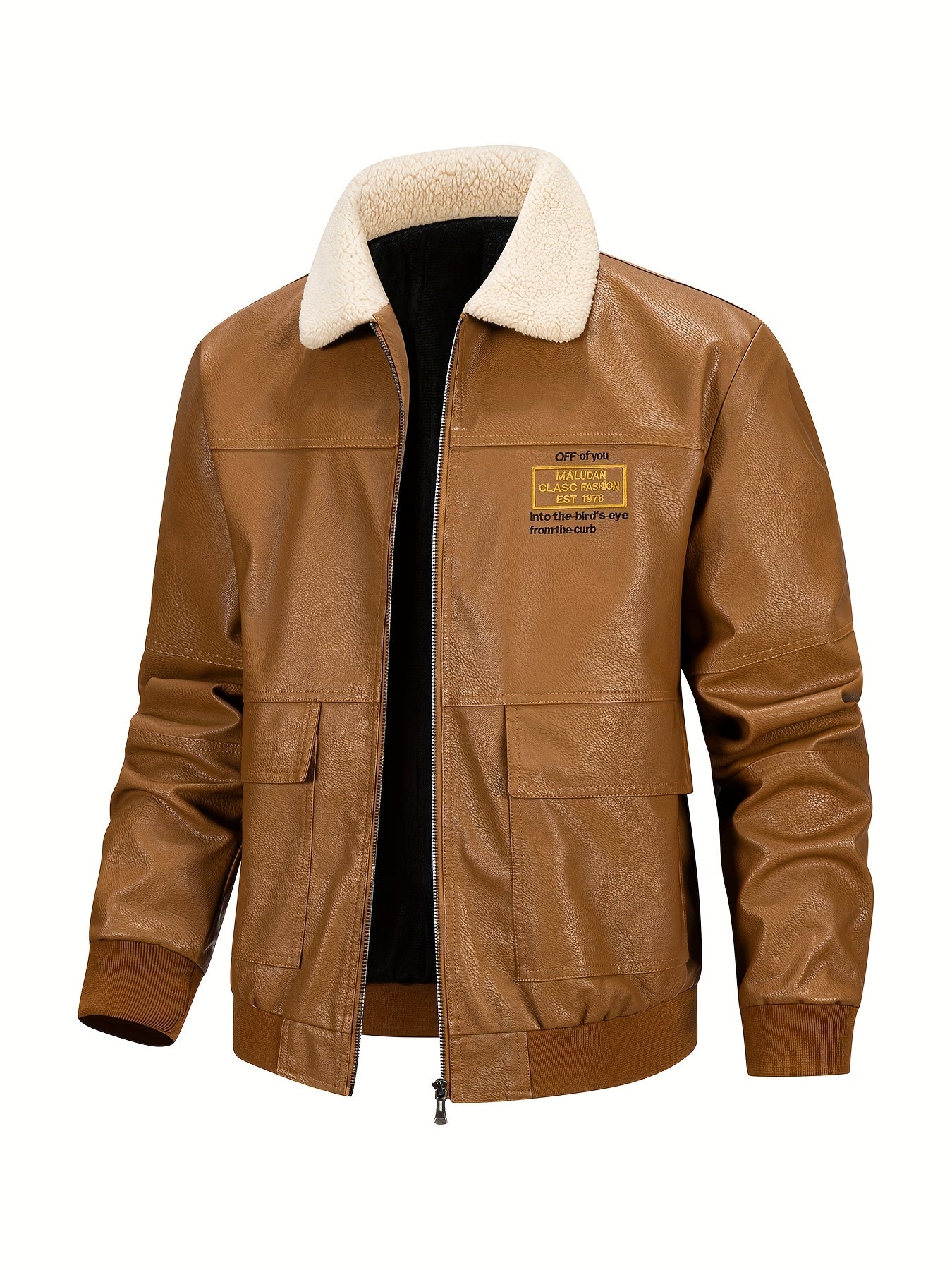 Men'S Faux Leather Bomber Jacket with Fleece Lining - Casual Motorcycle Style, Zip-Up, Long Sleeve, Drop Shoulder, Polyester Lining, Regular Fit, Outdoor & Hiking Wear, Outdoor Jacket | Bomber Jacket | Polyester Lined Jacket