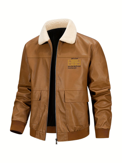 Men'S Faux Leather Bomber Jacket with Fleece Lining - Casual Motorcycle Style, Zip-Up, Long Sleeve, Drop Shoulder, Polyester Lining, Regular Fit, Outdoor & Hiking Wear, Outdoor Jacket | Bomber Jacket | Polyester Lined Jacket