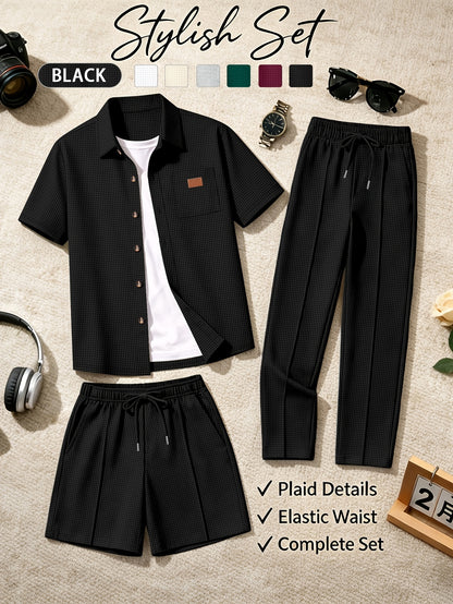 Men's 3-Piece Casual Waffle Knit Summer Set with Shirt & Shorts