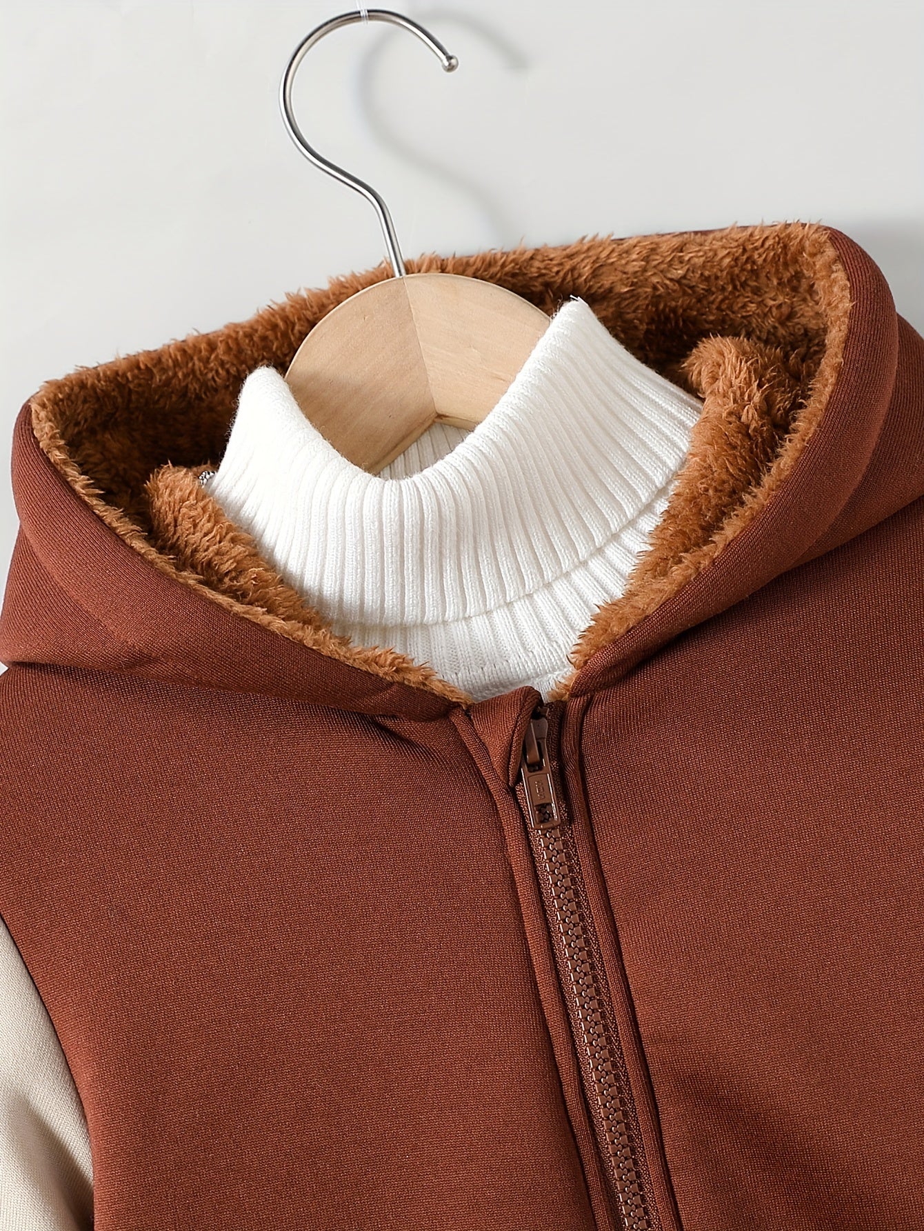 1pc Boys Stylish Color Block Fleece Lining Hooded Jacket, Long Sleeve Zip Up Jacket, Kids Clothes Outdoor