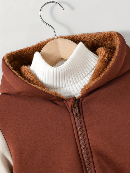 1pc Boys Stylish Color Block Fleece Lining Hooded Jacket, Long Sleeve Zip Up Jacket, Kids Clothes Outdoor