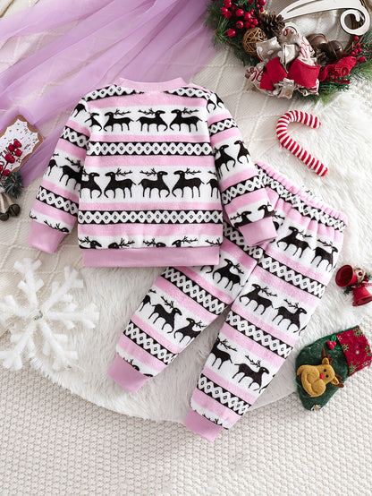 2pcs Girls' Cute Deer Print Fashionable Thick Flannel Set for Autumn/Winter, Soft and Comfortable Warm Outfit, Versatile Casual Attire with Outdoor Activities, Winter Clothing, Autumn Fashion, Stylish Kids' Wear, Playful Desi