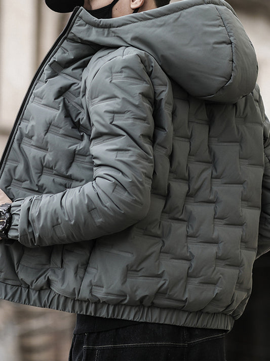 1 հատ տղամարդու ձմեռային բաճկոն գլխարկով՝ կանգնած օձիքով և կայծակաճարմանդով գրպաններով, մոխրագույն/սև և սպիտակ, լվացքի մեքենայով լվացվող սառը եղանակին նախատեսված վերարկու՝ դահուկավազքի, սնոուբորդինգի, բացօթյա գործունեության համար (լցոնված)