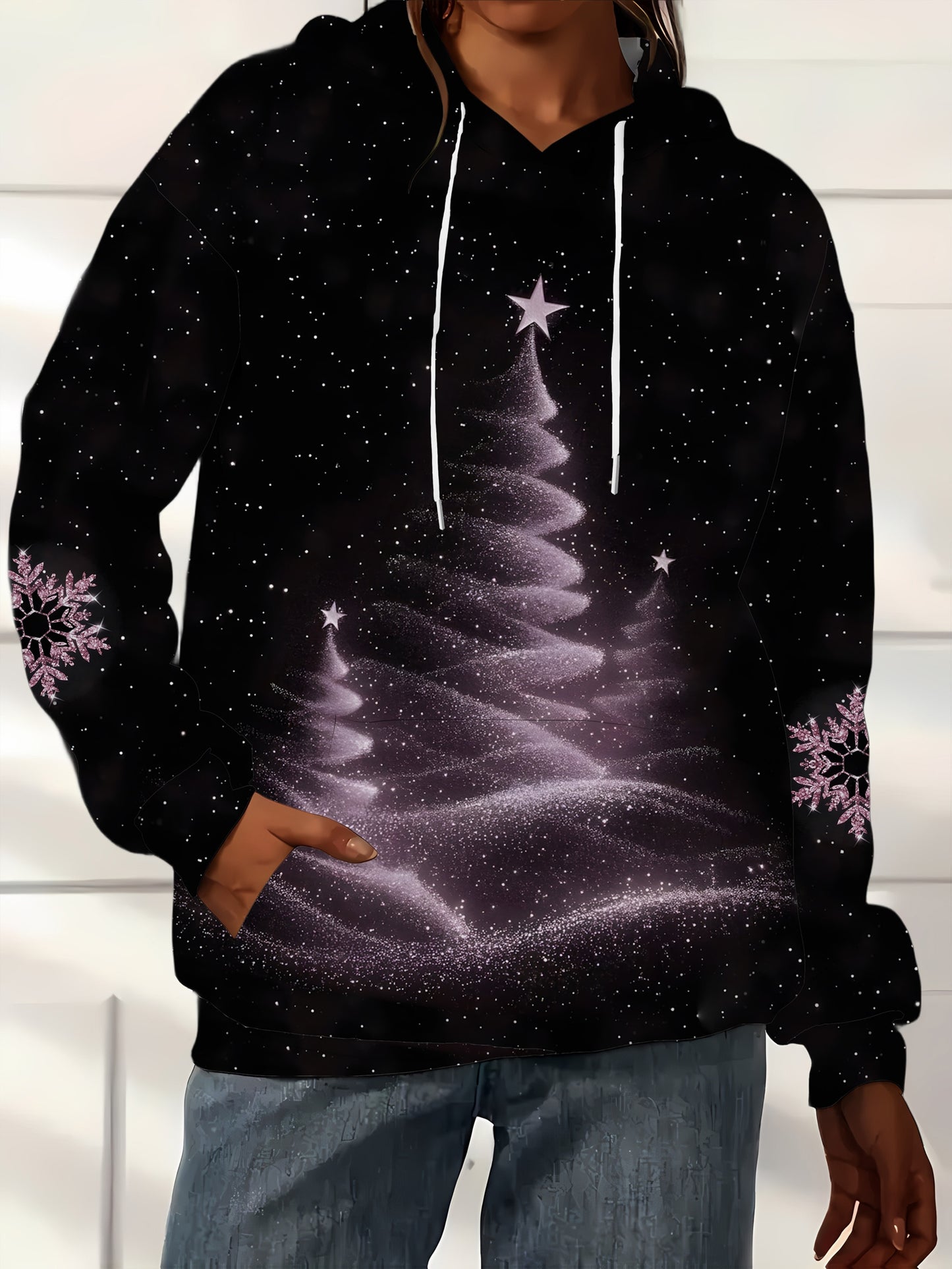 Women's Sparkling Glitter Christmas Tree & Snowflake Print Hooded Sweatshirt - Winter Snowflake Pattern Pullover Sweater with Drawstring Hood, 100% Polyester Machine Washable Cozy Casual Sweater for Xmas Parties & Cold Weathe