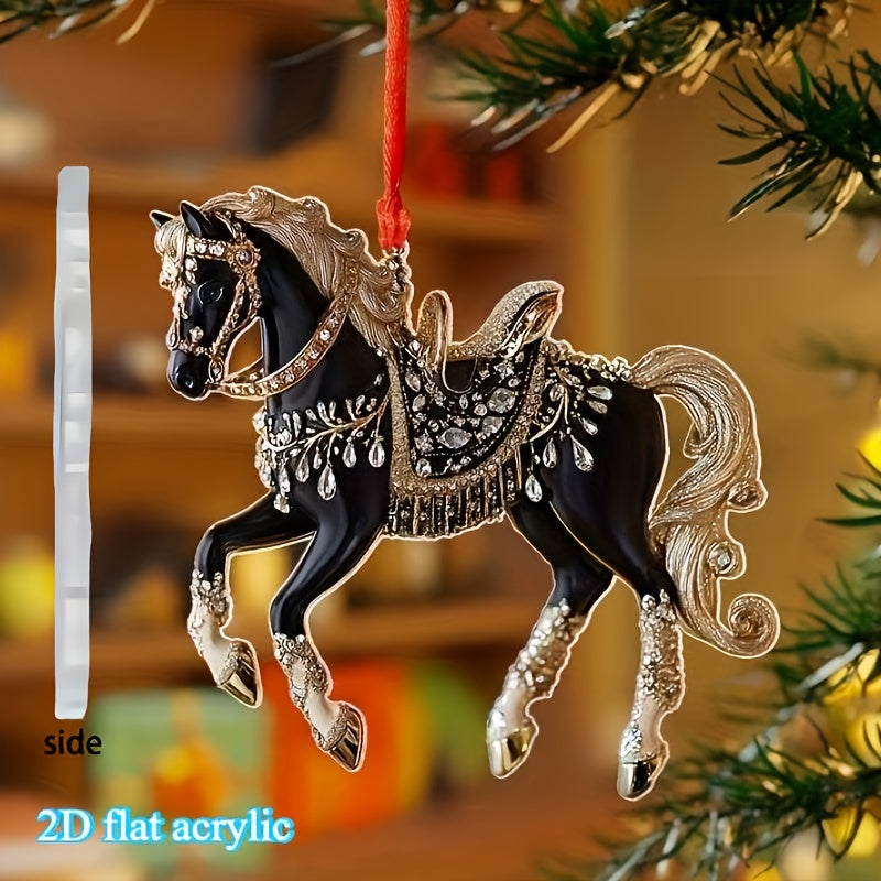2D Flat, Elegant Golden Horseshoe Pendant - 2D Flat Acrylic Christmas Tree Ornament, Hanging Decoration for Home, Office, Car Interior - No Electricity Needed, Perfect Holiday Gift For Christmas, Halloween, Thanksgiving, New