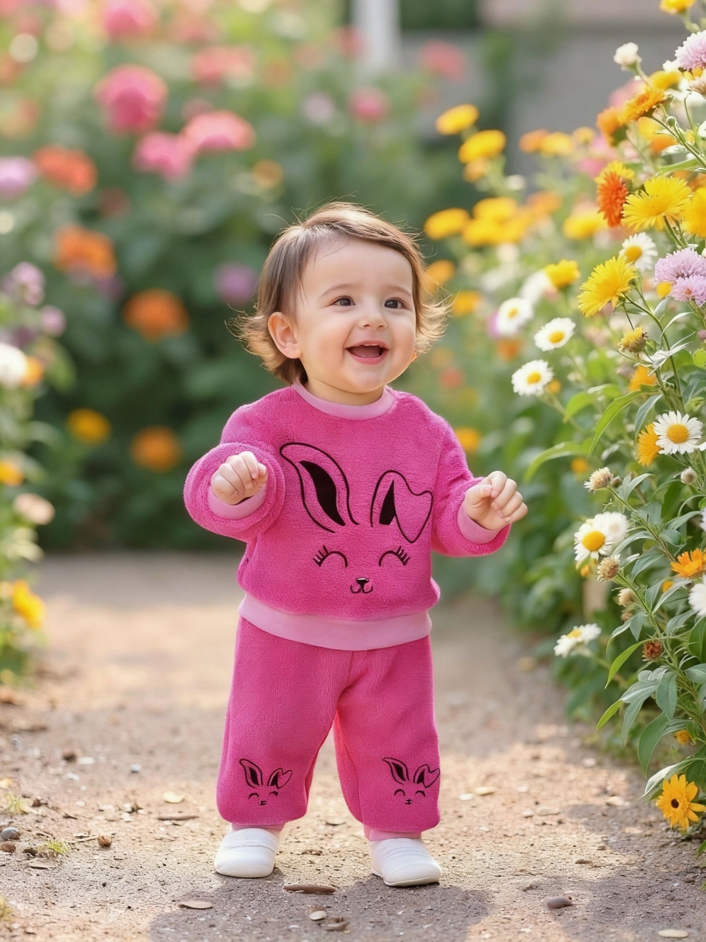 Adorable Cartoon Rabbit Embroidered Two-Piece Set for Youngsters - Soft Coral Fleece Outfit with Matching Pants, Perfect for Fall/Winter Casual Wear, Youngsters'S Playwear|Playful Design|Stretchy Fabric, Youngsters Girl Cloth
