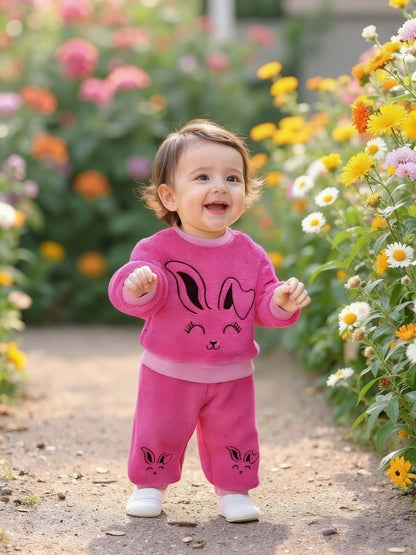 Adorable Cartoon Rabbit Embroidered Two-Piece Set for Youngsters - Soft Coral Fleece Outfit with Matching Pants, Perfect for Fall/Winter Casual Wear, Youngsters'S Playwear|Playful Design|Stretchy Fabric, Youngsters Girl Cloth