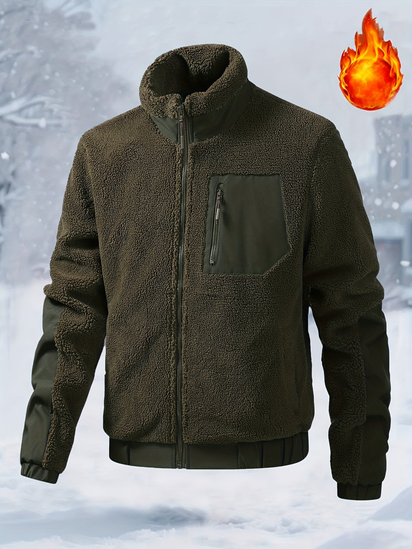 Men'S Heavyweight Fleece Jacket - Thermal Winter Coat with Stand Collar, Zipper Closure, Front Pockets - Brown/ - Cold Weather Outerwear for Everyday & Formal, Winter Jacket, Casual Outerwear, Durable Polyester, Seasonal Fash
