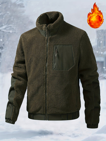 Men'S Heavyweight Fleece Jacket - Thermal Winter Coat with Stand Collar, Zipper Closure, Front Pockets - Brown/ - Cold Weather Outerwear for Everyday & Formal, Winter Jacket, Casual Outerwear, Durable Polyester, Seasonal Fash
