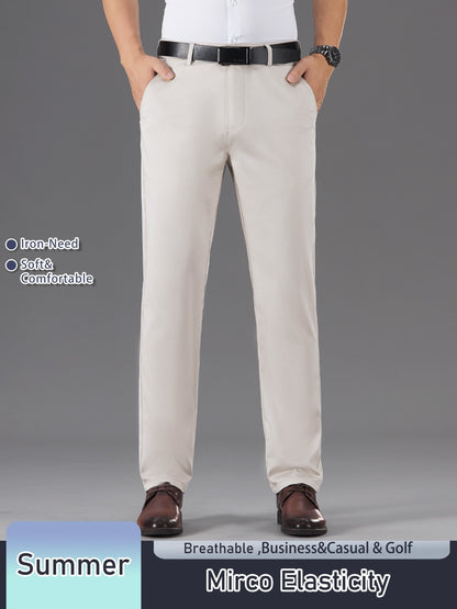 Men's Solid Color Straight Leg Business Style Cotton Blend Pants, Casual Comfy Breathable Outdoor Trousers As Gift