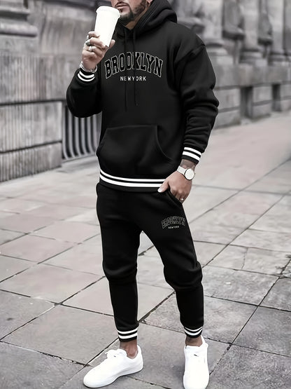 2pcs Men's Trendy BROOKLYN Letter Print Hooded Outfit, Hoodie & Pants Set, Men's Clothes For Spring Fall Winter, As Gift