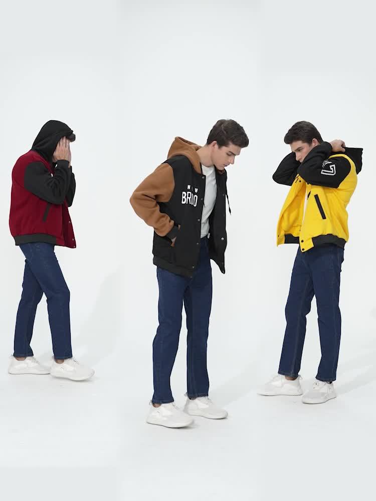 Men's 'BROOKLYN' Pattern Color Blocking Hooded Jacket, Casual Preppy Style Coat For Spring And Autumn Outdoors As Gift