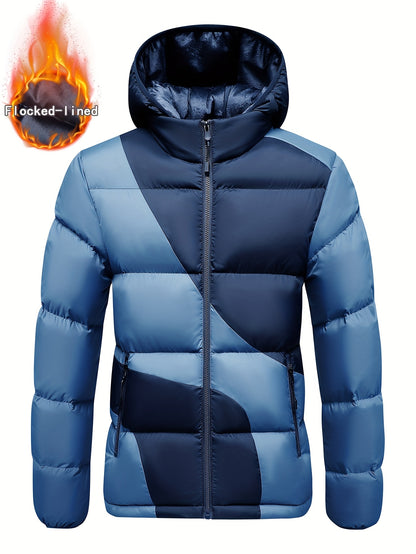 Men's Insulated Winter Jacket with Removable Hood & Thickened Lining - Dark Green/Black Color-Block Design, Zippered Pockets, Full-Zip Closure, Polyester Shell & Insulation for Casual Outdoor & Casual Attire - Cold Weather Co