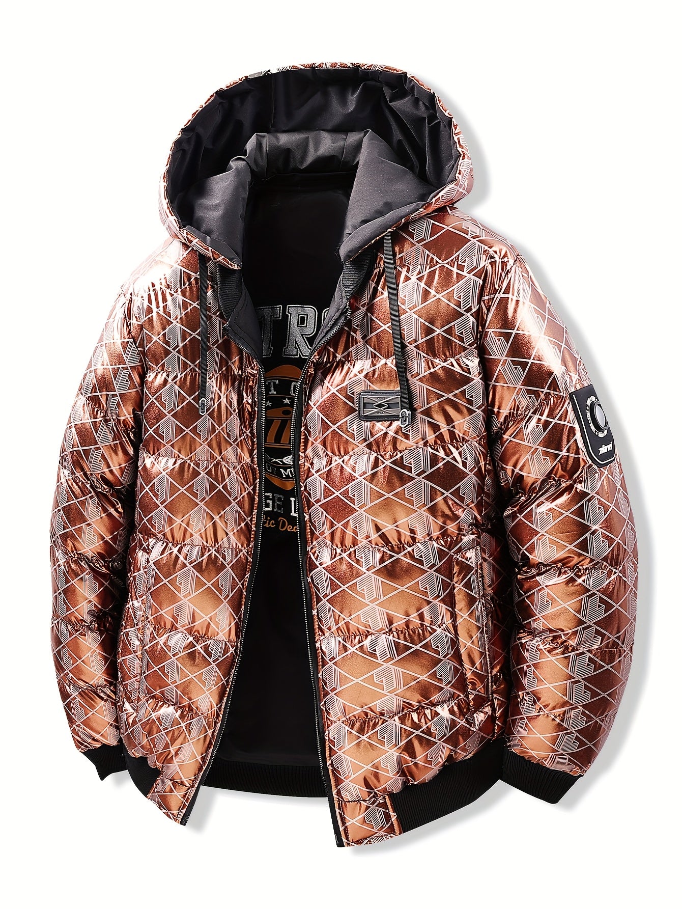 Men'S Stylish Hooded Winter Jacket - Thickened, Warm, and Trendy with Geometric Pattern, Black with Orange Accents, Polyester Filler, Perfect for Cold Weather, Winter Jacket Hooded
