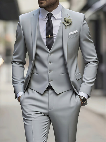Men's 3-Piece Polyester Suit Set with Jacket, Vest & Trousers