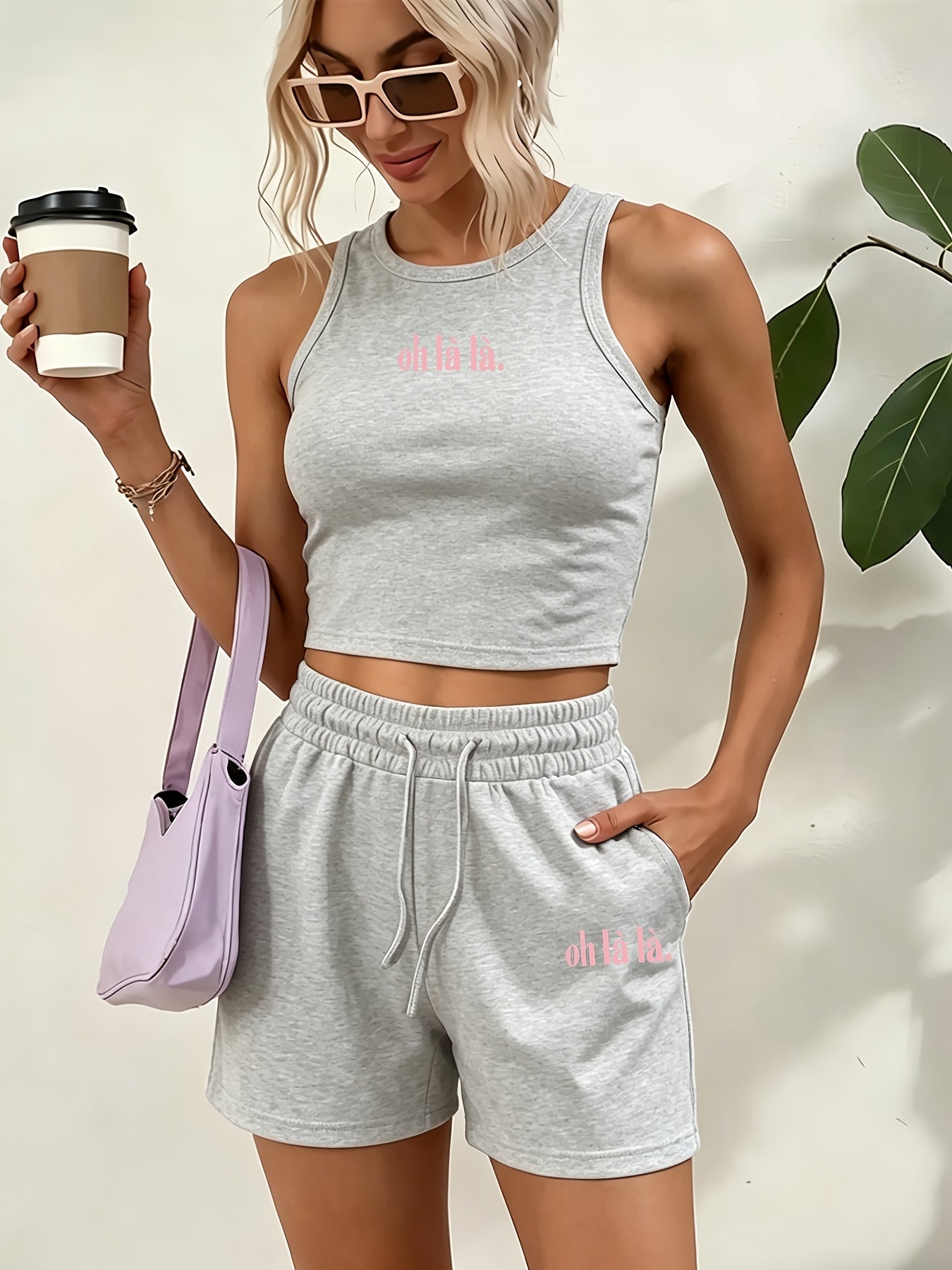 Women's Casual Two-Piece Set with English Print and Wide Leg Pants