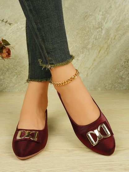 Women's Elegant Red Slip-On Flats with Golden Double Buckle Design - Comfortable Faux Cover Shoes for All Seasons, Pointed Toe Rubber Sole, Perfect for Casual or Dressy Occasions, Dressy Flats   Buckle Embellished Shoes   Lux