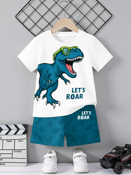 Boys' Casual Dinosaur Print Short Sleeve T-Shirt & Shorts Set - ayq