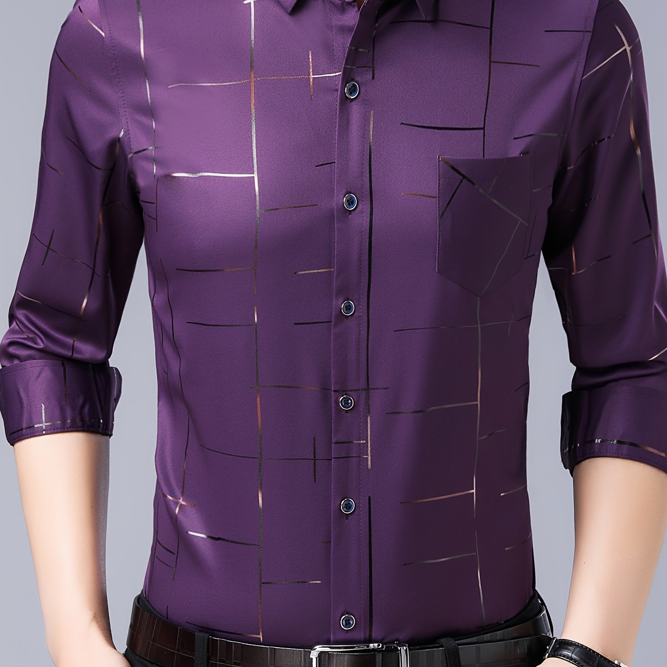 Elegant Men's Maroon Striped Long Sleeve Dress Shirt - Sophisticated Black & Golden Print, Breathable Polyester, Casual Comfort Fit with Classic Collar and Button-Up Front for Casual Attire