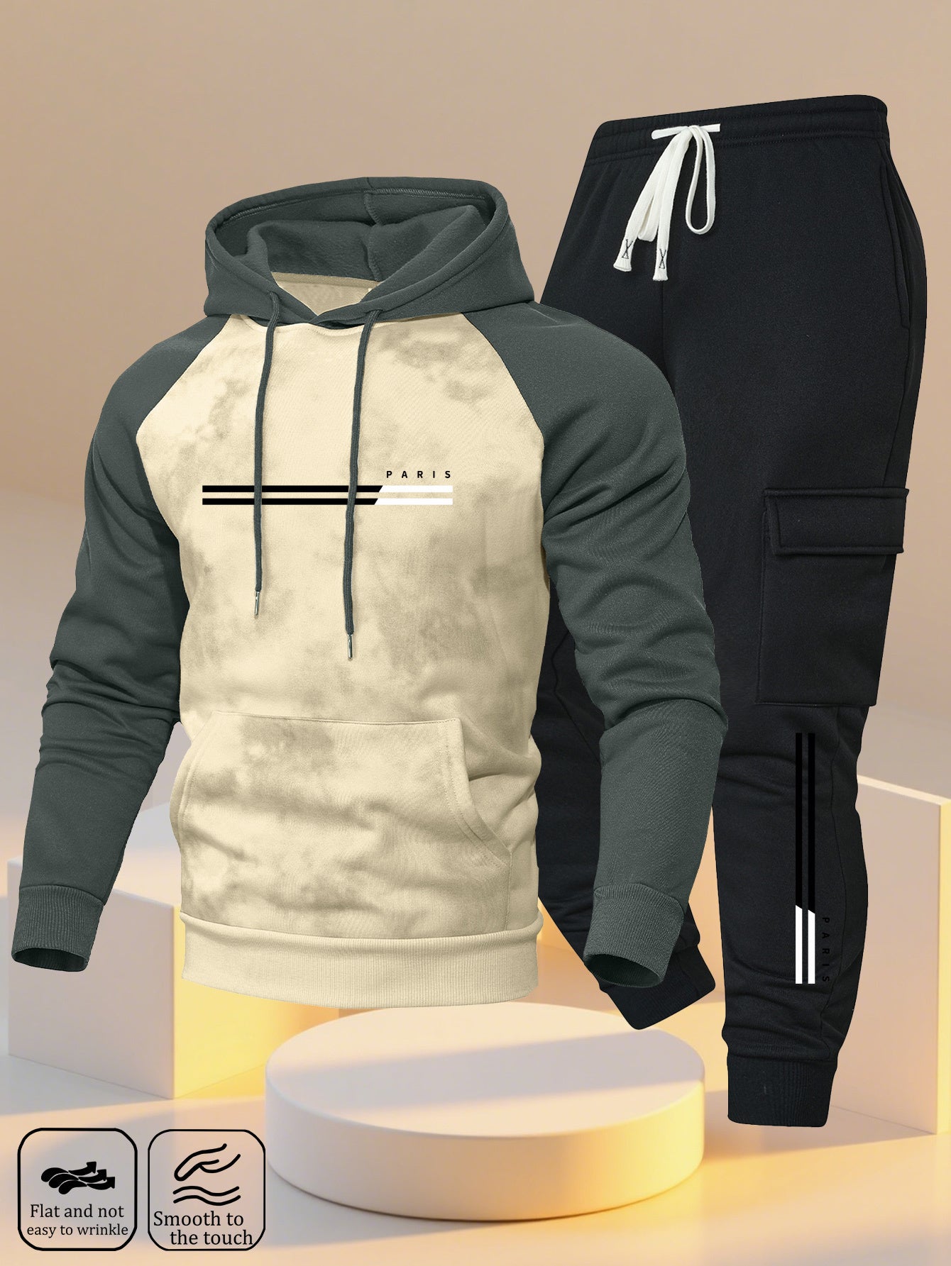 A New Trendy Color-Blocked Hoodie with Raglan Sleeves And Loose-Fitting Cargo Pants Featuring Multiple Pockets, Perfect for Casual Everyday Wear. This Breathable Hoodie And Loose Long Pants Set Comes in a Two-Piece Print Desi