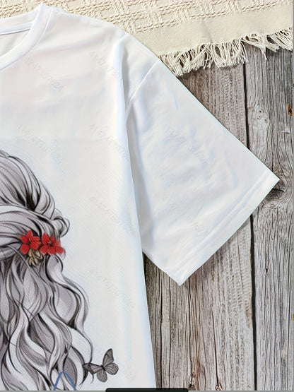 Women'S Casual Summer T-Shirt with Vibrant Floral Print, Short Sleeve Round Neck Tee, Lightweight Polyester Fabric, Black Pants & Accessories, Butterfly Design, Butterfly Shirt