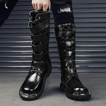 Men's Stylish PU Leather Boots with Zipper and Buckle