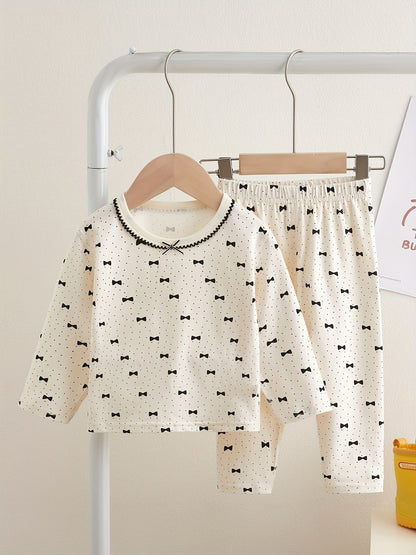 Girls' Cotton Bow Print Casual Top and Pants Set for Spring-Fall