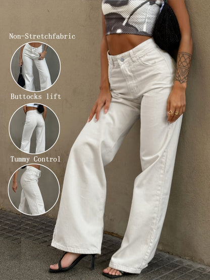 Viscose Casual Straight Leg Երկար անթև կոճակ Fly Half Placket Միջին գոտկատեղի կանոնավոր հարմարեցում երկար երկարությամբ Weekend պատահական կանացի դասական սպիտակ ջինսեր
