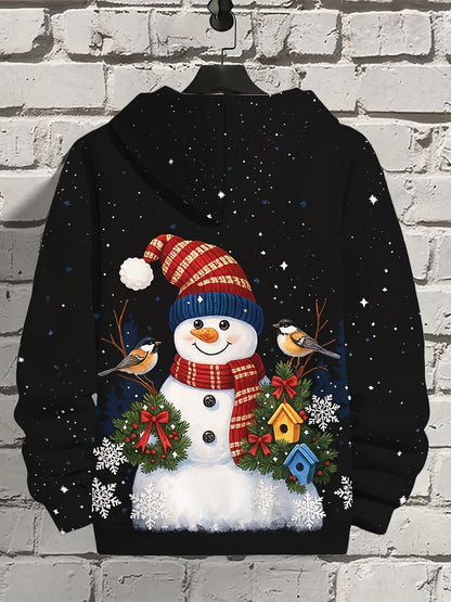 Men's Winter Snowman & Snowflake Print 3D Hooded Sweatshirt - Thick Warm Pullover Sweater for Christmas, New Year's, Valentine's Day - Machine Washable Casual Winter Sweater for Men with Festive Snowman & Snowflake Design, Ge