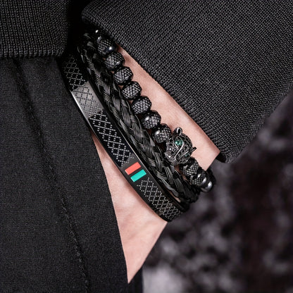 European and American Classic Light Luxury Leopard Head Handmade Braided Men's Bracelet Red Green Drop Glue Bracelet Set