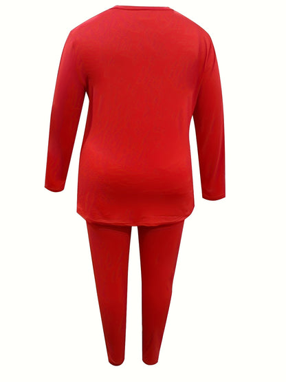 Plus Size - Plus Size - Plus Size - Women'S Plus Size Christmas & Halloween Two-Piece Set - Cozy Long Sleeve T-Shirt with Santa Claus & Snowflake Print, Pockets, and Matching Pants, Casual Holiday Outfit for Fall and Winter,