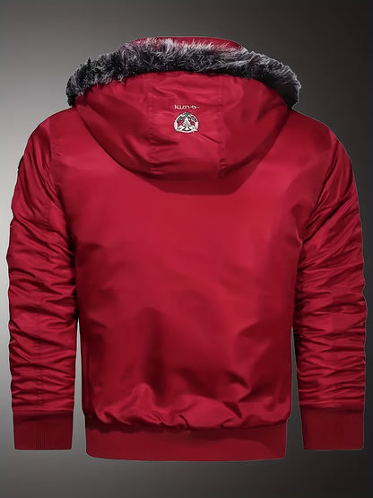 Տղամարդու ծանր ձմեռային բաճկոն՝ հանվող գլխարկով և եռաչափ գրությամբ - ամբողջական կայծակաճարմանդով, քամուց պաշտպանող վերարկու, բազմագրպան դիզայնով, լվացքի մեքենայով